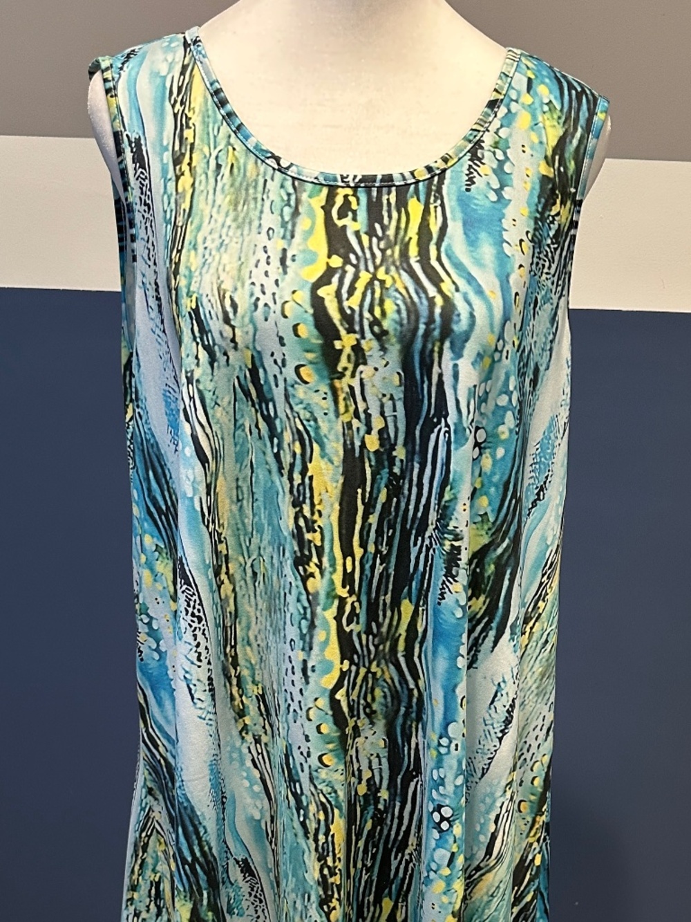SHEIN EMERY ROSE Women's 0XL Teal, Yellow, Black Pattern Sleeveless Summer Dress